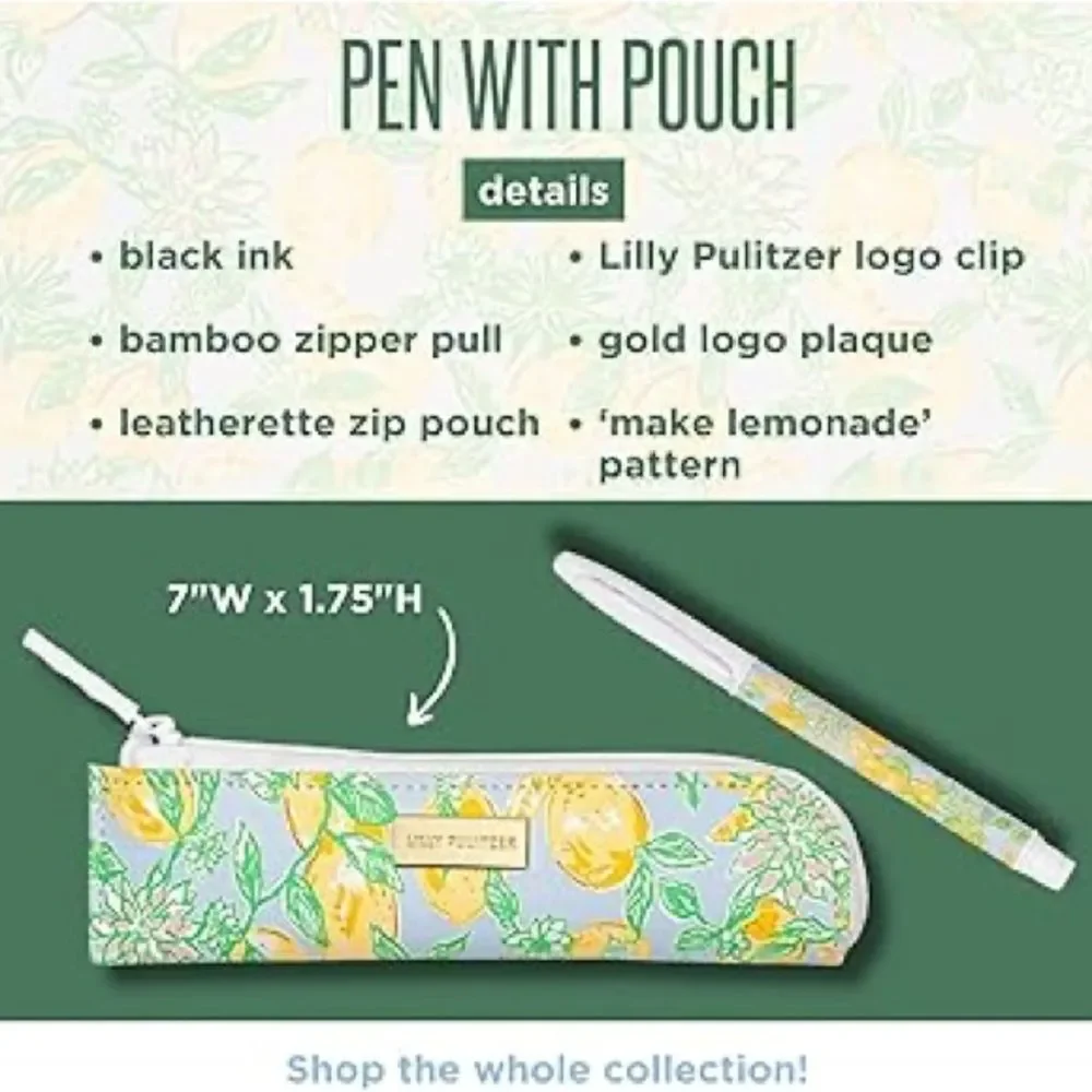 NWT Lilly Pulitzer Lemon Pattern Pen and Vegan Leather Pen Pouch Make Lemonade